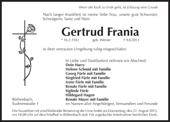 Traueranzeige von Gertrud Frania von Pegnitz-Zeitung